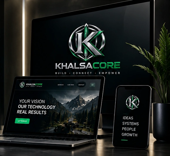 A desktop, laptop, and phone showing dark, emerald-accented website concepts.